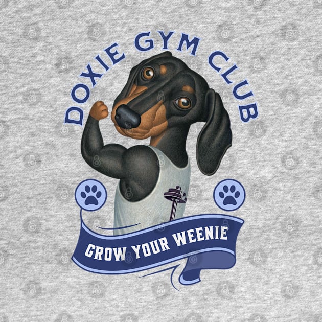 Cute Doxie Gym Club Member to Grow Your Weenie in Blue by Danny Gordon Art